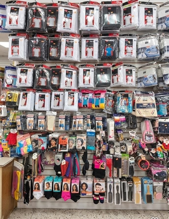 Wall of undershirts, socks, hair accessories and brushes